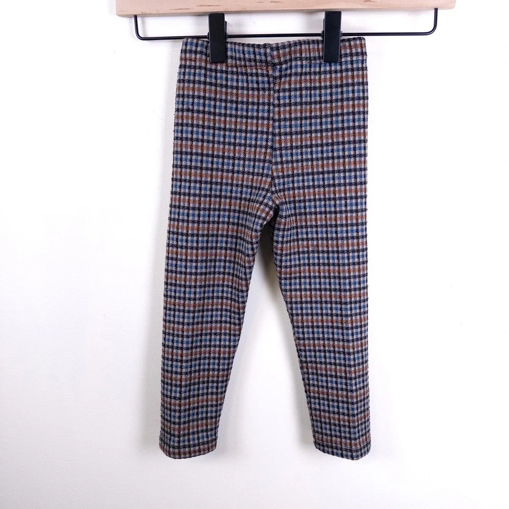 Zara Plaid Leggings Kids 2-3 Years Blue Brown Check Pattern Elastic Waist Pants‎